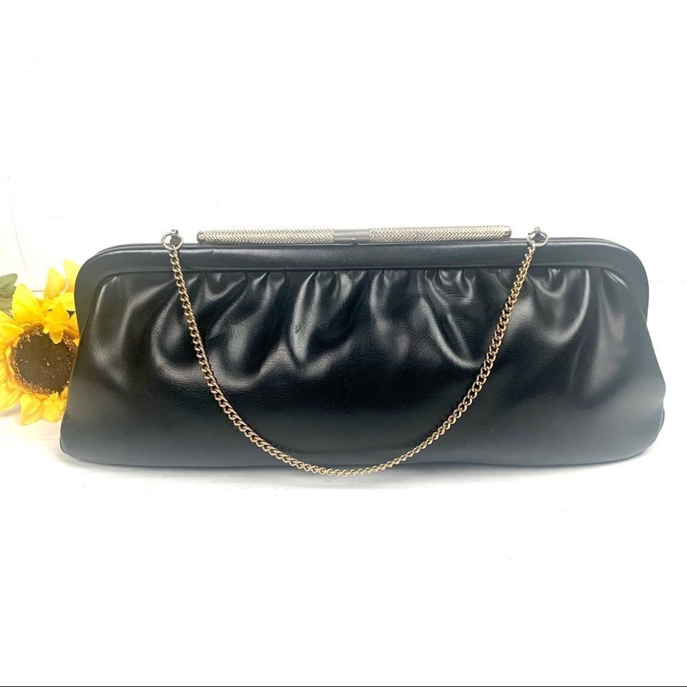 VTG 70s Black Vinyl Clutch Evening Bag Chain Strap